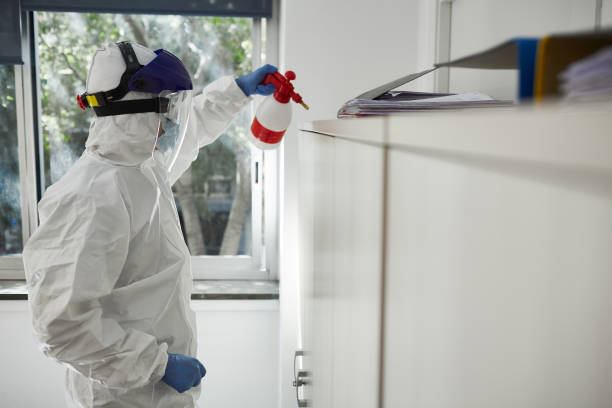 istock Man in full protective workwear sanitizing a desk 1278531857