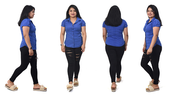 back, front and side view of same woman walking on white background