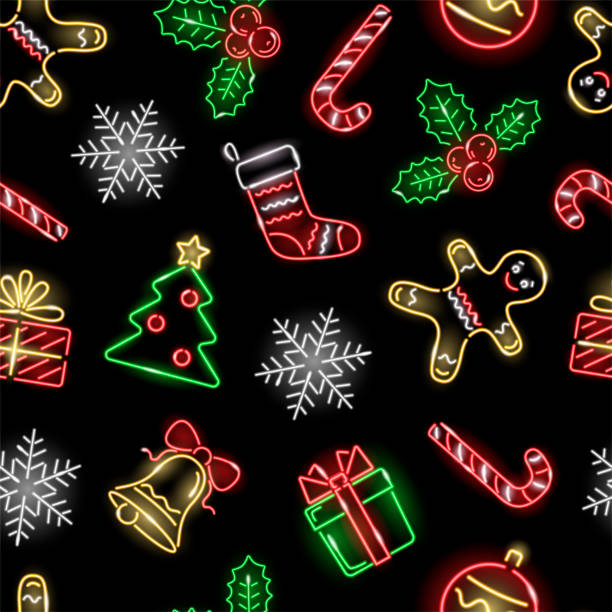 weihnachten nahtlose muster mit neon-ikonen: lebkuchen mann, geschenkbox, schneeflocken, zuckerrohr, holly, strumpf, baum, glocke auf schwarzem hintergrund. winterferien, x-mas, neujahrskonzept für tapete, verpackung, druck. vektor 10 eps-illustration. - christmas holiday vacations candy cane stock-grafiken, -clipart, -cartoons und -symbole