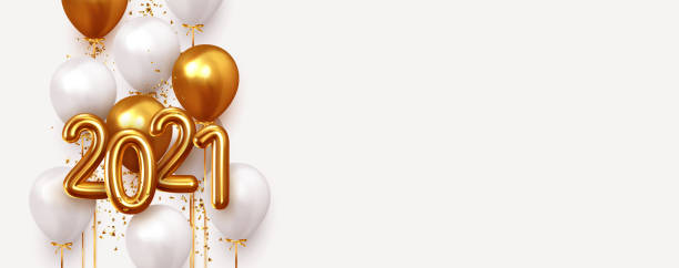 istock Happy New Year 2021. Realistic gold and white balloons. Background design metallic numbers date 2021 and helium ballon on ribbon, glitter bright confetti. Vector illustration 1278532135