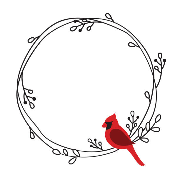 Red Cardinal Bird on a Wreath Frame Vector Vector illustration of a red cardinal bird on a round doodle wreath frame. bird borders stock illustrations