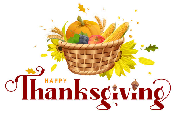 Rich harvest full basket pumpkin, corn, wheat, apple, grapes. Happy Thanksgiving ornate text lettering for greeting card Rich harvest full basket pumpkin, corn, wheat, apple, grapes. Happy Thanksgiving ornate text lettering for greeting card. Isolated on white vector cartoon illustration thanksgiving full stock illustrations