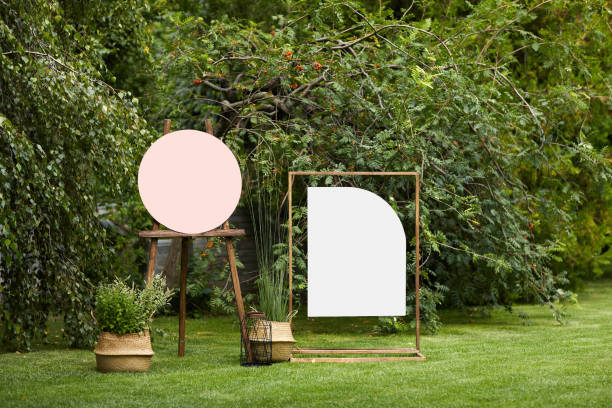 empty board stands on green lawn on wedding.