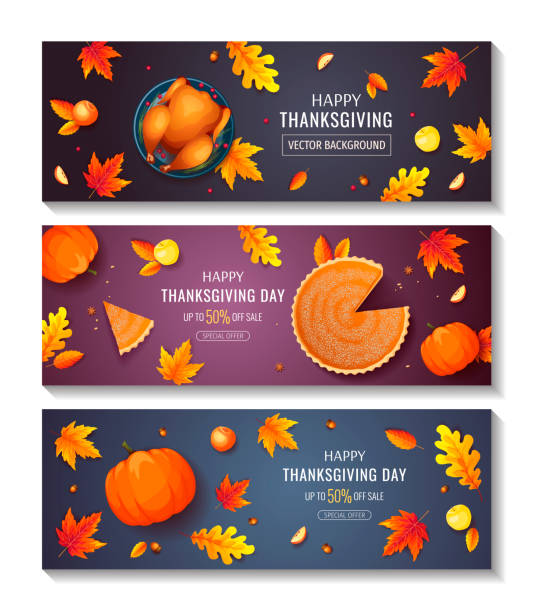 ilustrações de stock, clip art, desenhos animados e ícones de set of happy thanksgiving day promo sale flyers or backgrounds. baked turkey, pumpkin pie, autumn leaves. - pie baked food pumpkin pie