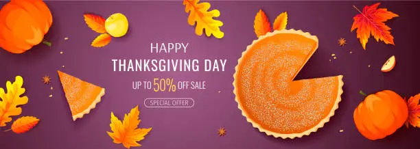 Vector illustration of Happy Thanksgiving Day promo sale banner or background with pumpkin pie, apples and autumn leaves.