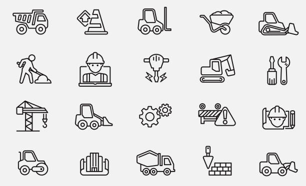 ilustrações, clipart, desenhos animados e ícones de preto e branco em ícones de construção ilustram canteiro de obras, indústria da construção, construção rodoviária, construção, estrada de trabalho à frente sinal - construction material material brick building activity