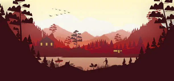 Vector illustration of Caravan campsite in the mountains sunset near a lake