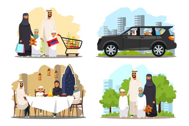 ilustrações de stock, clip art, desenhos animados e ícones de happy arab muslim family illustration set. arabian man and woman in hijab with children shopping in store, driving in car, at home having dinner, at park together smiling. family love concept vector - arabic characters