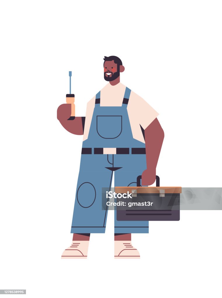 professional repairman in uniform holding hammer and toolbox home