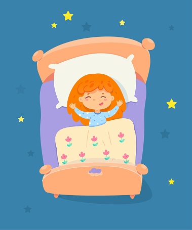 Happy Child Sleeping In Bed At Night Little Calm Girl Lying On White Pillow  Under Yellow Blanket In Bedroom Asleep Childhood At Bedtime Vector  Illustration Good Night Sleep Stock Illustration - Download