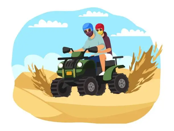 Vector illustration of People driving motorbike, extreme sport adventure. Man and woman sitting in motorcycle in summer. Outdoor risky recreation vector illustration. Lifestyle in nature and on vacation