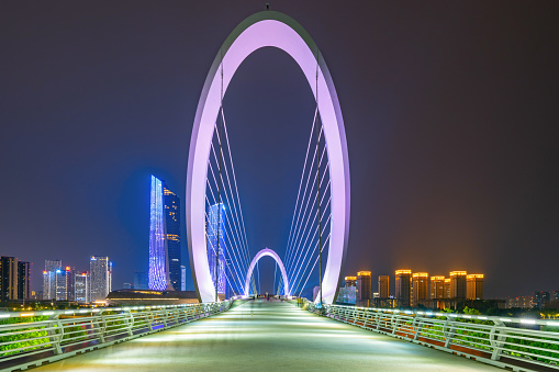 Eye of Nanjing Pedestrian Bridge and urban skyline in Jianye District, Nanjing, China