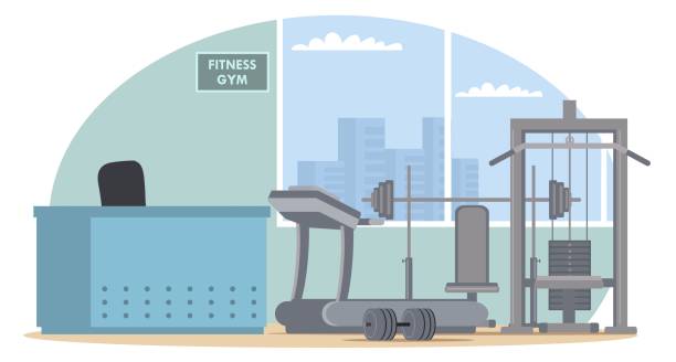 Closed empty fitness gym front view background. Economy fail due to covid epidemic vector illustration. Empty sport center inside interior with equipment, treadmill, dumbbells, weights Closed empty fitness gym front view background. Economy fail due to covid epidemic vector illustration. Empty sport center inside interior with equipment, treadmill, dumbbells, weights. gym backgrounds stock illustrations