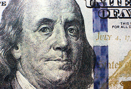 Dollar note with Franklin on it. Close Up photo. American money.