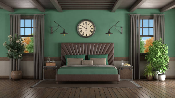 istock Green retro bedroom with leather double bed 1278542210