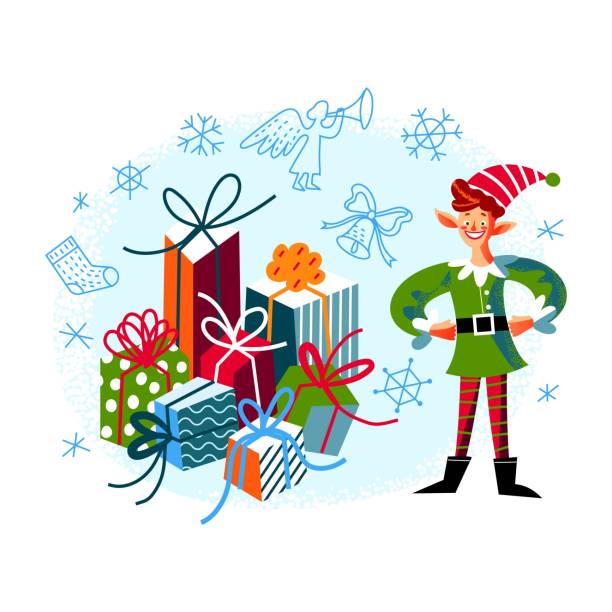 ilustraciones, imágenes clip art, dibujos animados e iconos de stock de elfo de navidad con regalos. lindo personaje de navidad preparando regalos de año nuevo con cintas en pila. ilustración vectorial de vacaciones de invierno. niño divertido en traje enano, fondo de temporada de diciembre - vector illustration and painting backgrounds sock