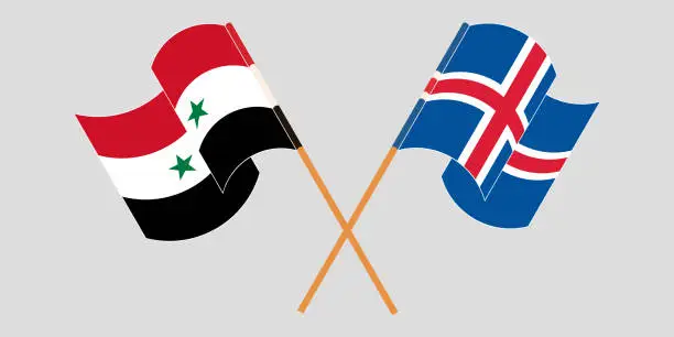 Vector illustration of Crossed and waving flags of Syria and Iceland