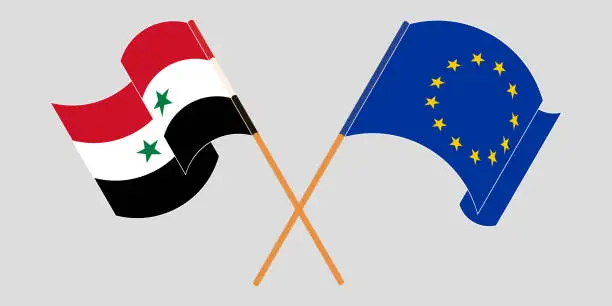 Vector illustration of Crossed and waving flags of Syria and the EU