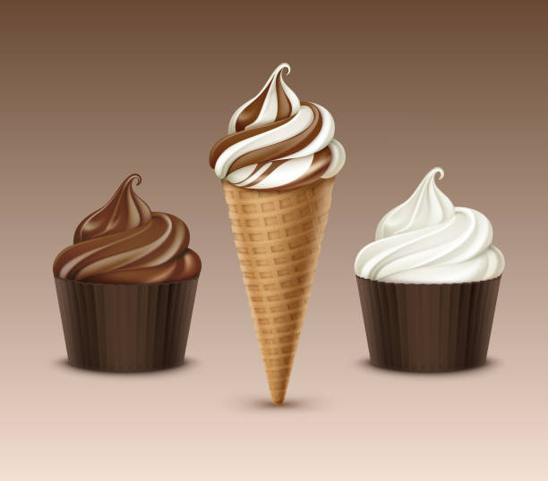 векторный набор коричневый шоколад белый классический мягкий подавать мороженое вафельный конус и коричневый кубок коробки крупным плано - melting ice cream cone chocolate frozen stock illustrations