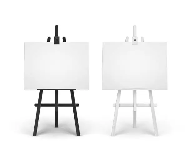 Vector illustration of Vector Set of Wooden Black White Easels with Mock Up Empty Blank Horizontal Canvases Isolated on Background