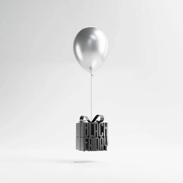 Black friday in gift box wrapped with balloon on gray background, idea and creative, copy space. 3d render.