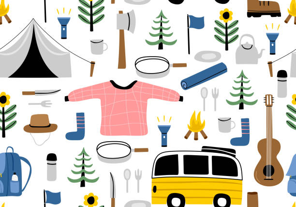 Cute cartoon hand drawn scandinavian style camping equipment symbols and icons. Vector illustration, camp clothes, shoes, guitar, food, tent, flashlight and tree. Seamless pattern. Cute cartoon hand drawn scandinavian style camping equipment symbols and icons. Vector illustration, camp clothes, shoes, guitar, food, tent, flashlight and tree. Seamless pattern. hiking designs stock illustrations