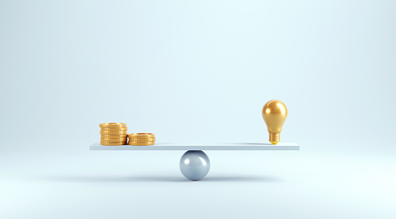 Idea vs coins on scales, Weights with light bulb and coins, minimal, 3d render.