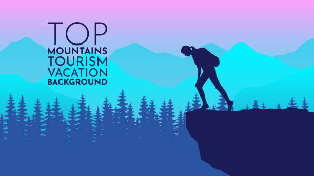 ilustrações de stock, clip art, desenhos animados e ícones de tourist on cliff looks. explorer. tourism on nature template of flyer, poster, cover, banner. active lifestyle invitation concept background. layout illustration modern page. - journey footpath exercising effort