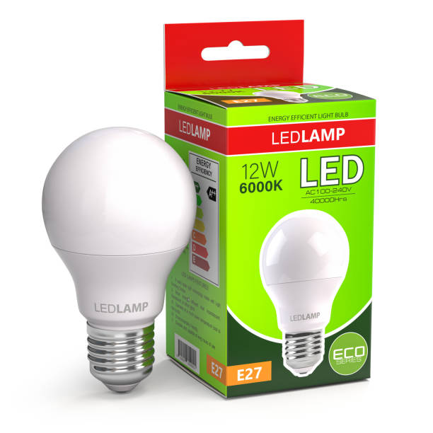 istock Led lamp with package box isolated on white. Energy efficient light bulb. 1278547545