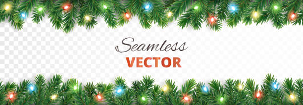 ilustraciones, imágenes clip art, dibujos animados e iconos de stock de decoración sin costuras de navidad. borde de árbol vectorial con luces. - christmas decoration