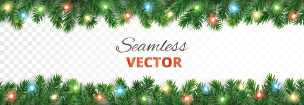 Christmas seamless decoration. Vector tree border with lights. Seamless holiday decoration. Christmas tree border with lights garland. Festive frame isolated on white. Celebration vector background. For winter season banners, New Year headers, party posters. flora family stock illustrations