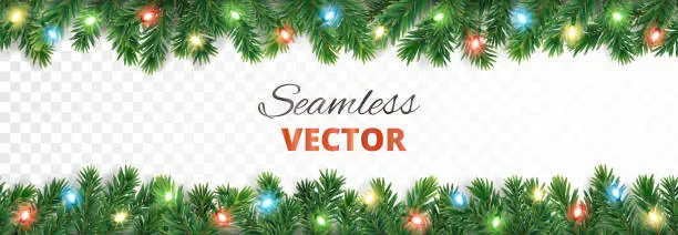 Vector illustration of Christmas seamless decoration. Vector tree border with lights.