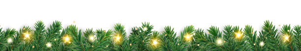 ilustraciones, imágenes clip art, dibujos animados e iconos de stock de decoración sin costuras de navidad. borde de árbol vectorial con luces. - garland
