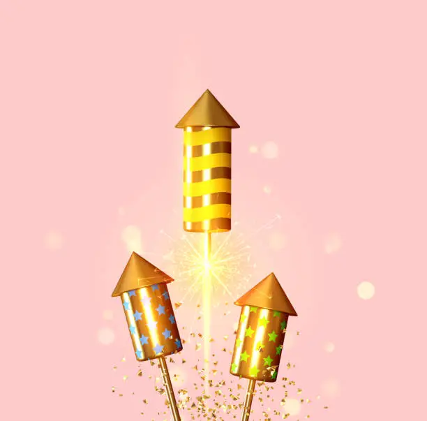 Vector illustration of Fireworks set rocket with glitter confetti. Festive light sparkling flash firework. Celebrate Background with firecrackers. Holiday Realistic decoration 3d object. vector illustration