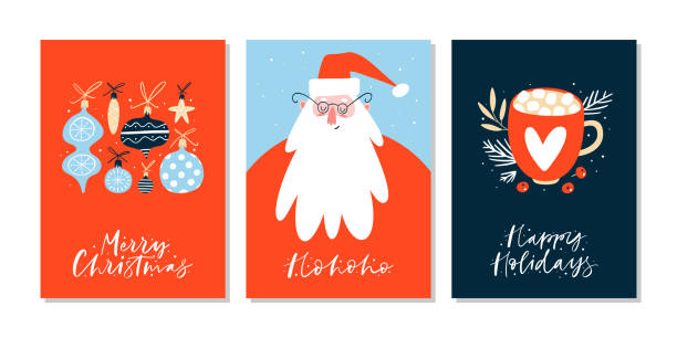 Christmas greeting cards or tags with lettering and hand drawn design elements. Postcard or invitation template. Christmas greeting cards or tags with lettering and hand drawn design elements. Postcard or invitation template. Vector illustration santa claus illustrations stock illustrations
