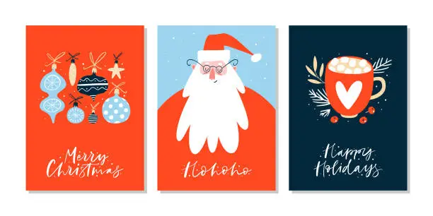 Vector illustration of Christmas greeting cards or tags with lettering and hand drawn design elements. Postcard or invitation template.