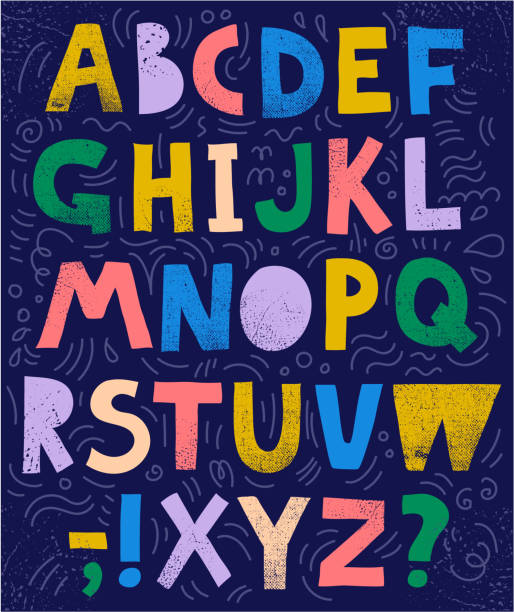 Vector sketchy, collage font, abc. Colorful textured letters and signs Vector sketchy, collage font, abc. Colorful textured letters and signs, hand drawn cartoon of the clothes line stock illustrations