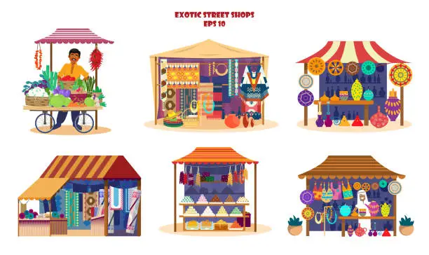 Vector illustration of Vector set of exotic street shops