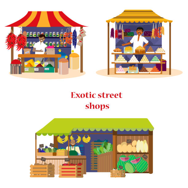 wektor zestaw egzotycznych sklepów ulicznych - retail occupation stock illustrations