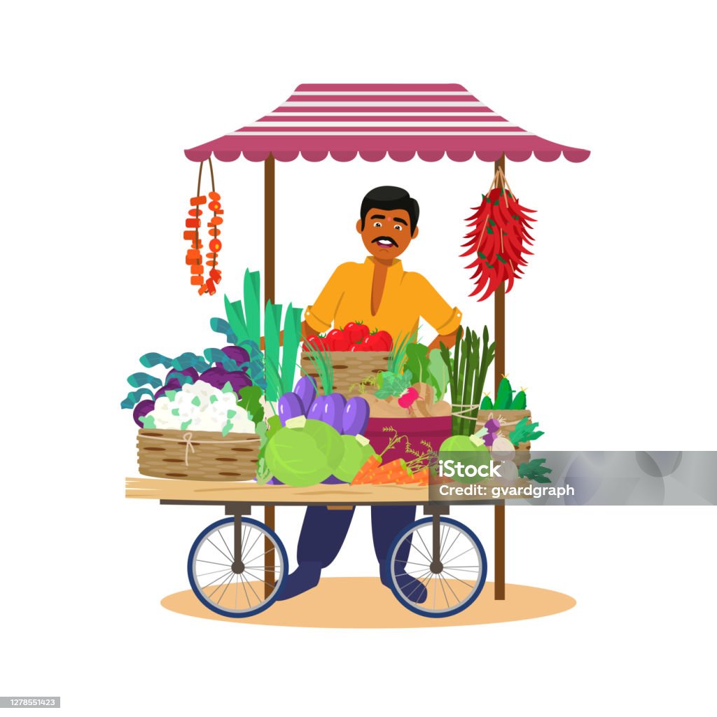 Vector Illustration Of Asian Merchant Selling Vegetables Stock Illustration  - Download Image Now - iStock