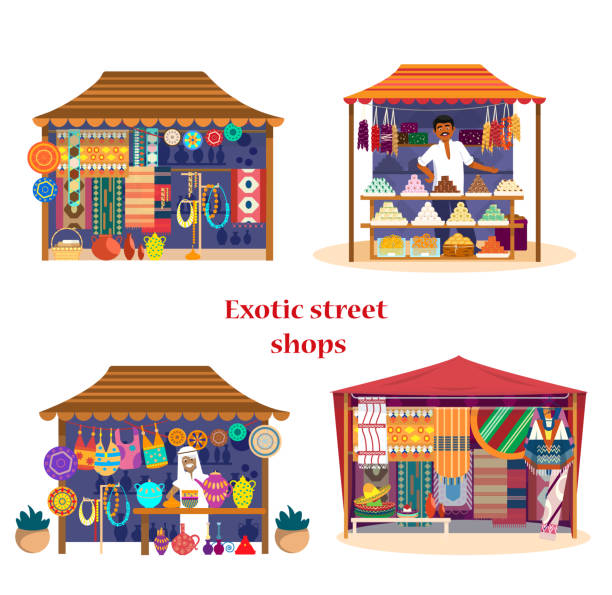 이국적인 거리 상점의 벡터 세트 - selling merchandise craft thailand stock illustrations