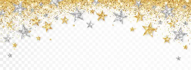 Vector illustration of Holiday gold and silver decoration, glitter frame isolated on white. Festive border with falling glitter dust and stars.