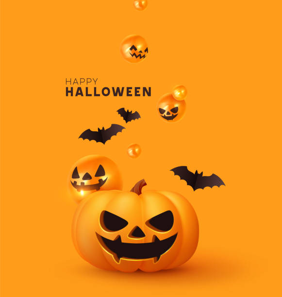 istock Happy Halloween. Festive background with realistic 3d orange pumpkins with cut scary smile, flying bats. Holiday poster, flyer, brochure and template cover. Vector illustration 1278552805