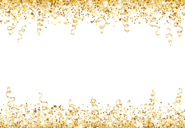 Celebration background with glitter decoration isolated on white. Falling confetti, holiday border. Celebration background with glitter decoration isolated on white. Falling confetti, holiday border. Festive golden frame. For Christmas, New Year banners, birthday or wedding party flyers. Vector. streamers and confetti stock illustrations