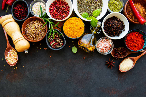 istock Assortment of spices on black 1278552911