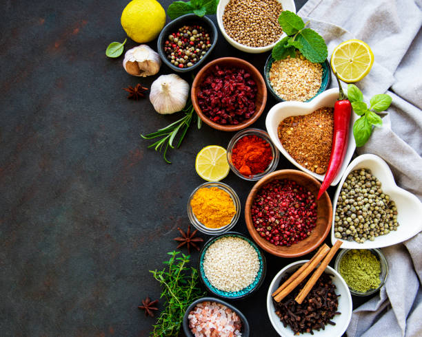 istock Various spices in a bowls on a black 1278552913