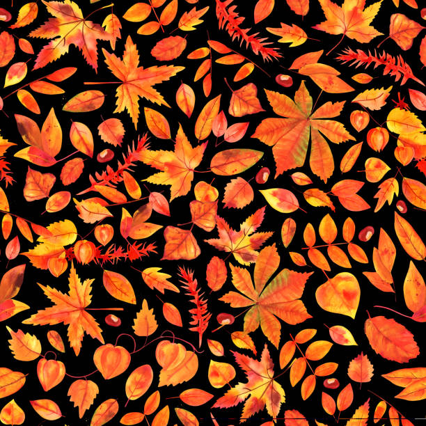 ilustraciones, imágenes clip art, dibujos animados e iconos de stock de estampado repetido de acuarela con hojas de otoño - september wind november chestnut