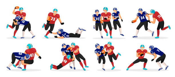 ilustrações, clipart, desenhos animados e ícones de jogo de futebol americano conjunto de jogadores em movimento - football helmet helmet american football sports helmet