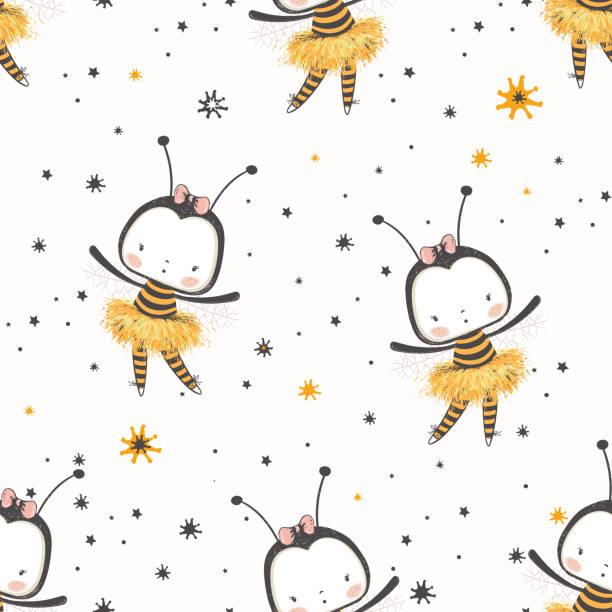 Bee pattern Seamless pattern with cute ballerina Bee. Hand drawn vector illustration. Can be used for baby t-shirt print, fashion print design, kids wear, baby shower celebration greeting and invitation card. animal print dress stock illustrations