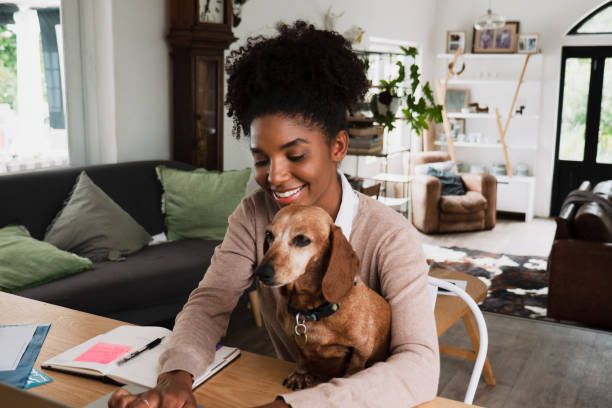 istock Female student happily studying with puppy sitting at big desk in kitchen 1278556685
